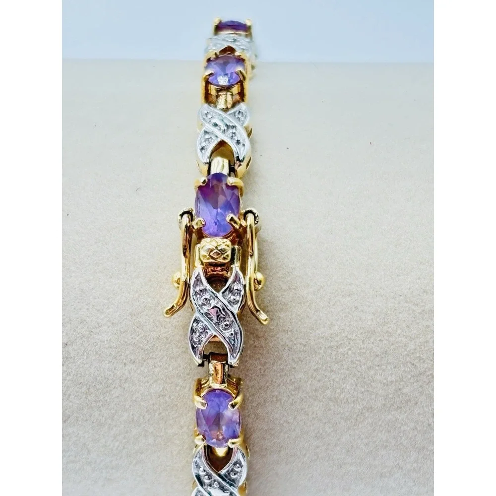 925 Italy Amethyst Tennis Bracelet Gold Over Sterling Silver 7